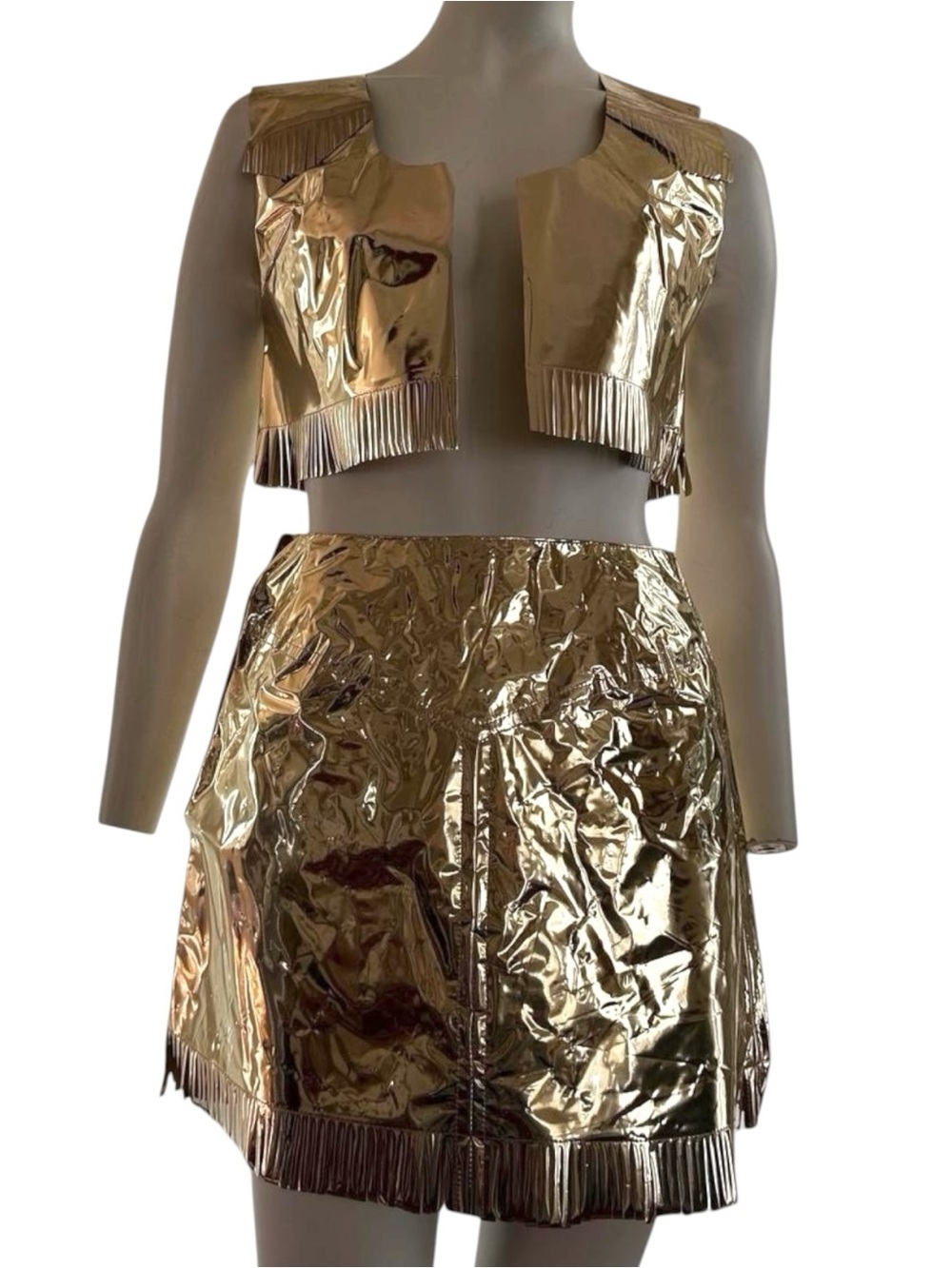 1960s Gold Metallic Mod Set Handmade Two Piece Skirt Space Age GoGo Vinyl